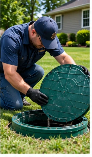 Technician measuring septic tank sludge and scum layers to determine pumping frequency