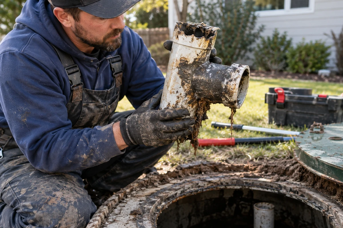 Technician documenting septic maintenance and checking the drainfield or system access area in Independence, KY