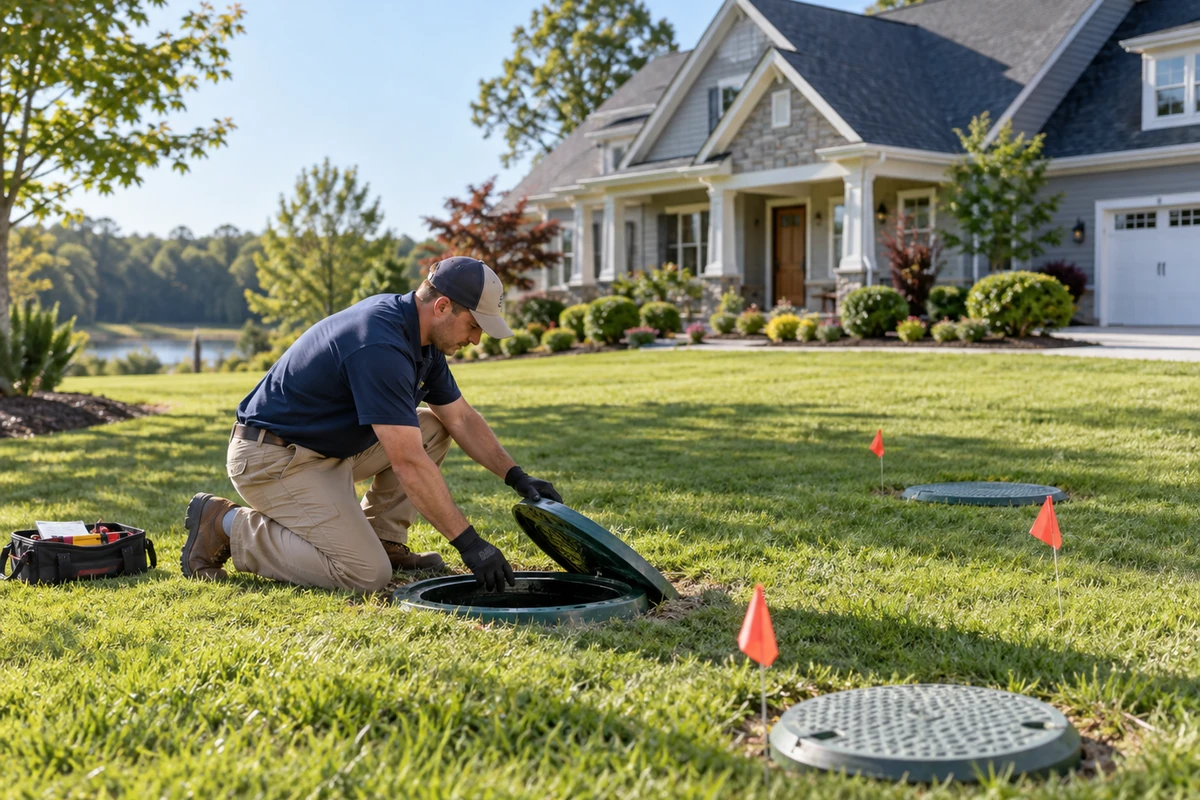 Professional septic tank pumping at a residential property with vacuum truck and safe access in Morning View, KY