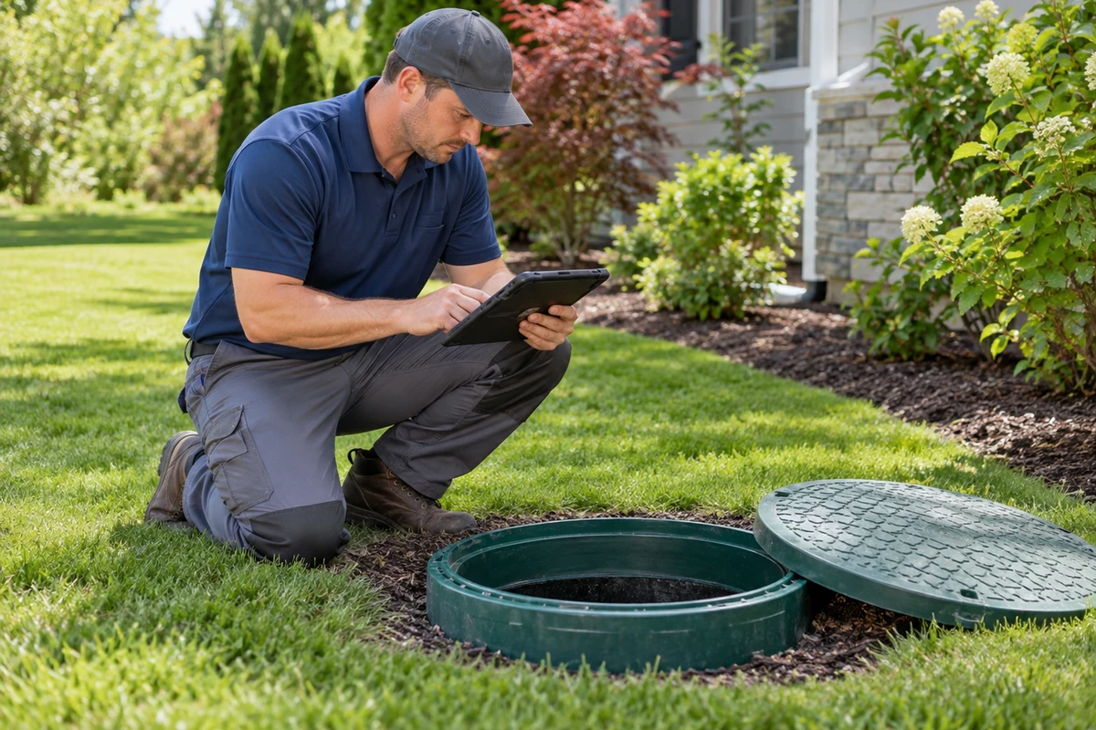 Technician documenting septic maintenance and checking the drainfield or system access area in Morning View, KY