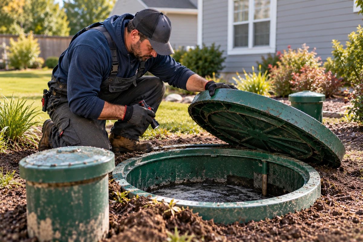 Technician connecting tank, distribution and drainfield piping in Covington, KY