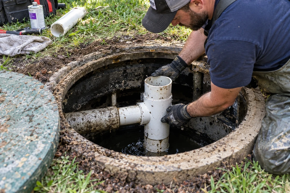 Technician inspecting tank level, baffles and access components at a local property in Covington, KY