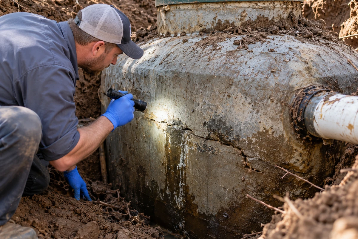 Technician documenting septic maintenance and checking the drainfield or system access area in Taylor Mill, KY